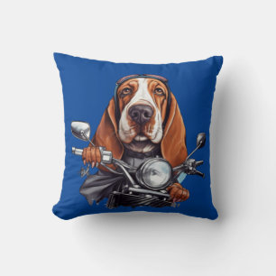 Cool dog biker, cute basset hound dog driver throw pillow