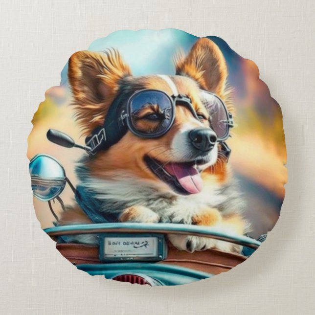 Cool dog biker, cute driving dog round pillow (Front)