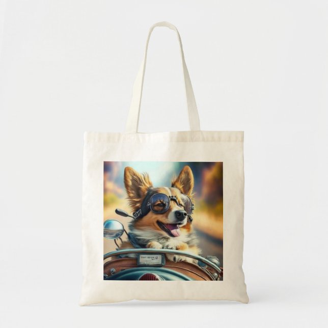 Cool dog biker, cute driving dog tote bag (Front)