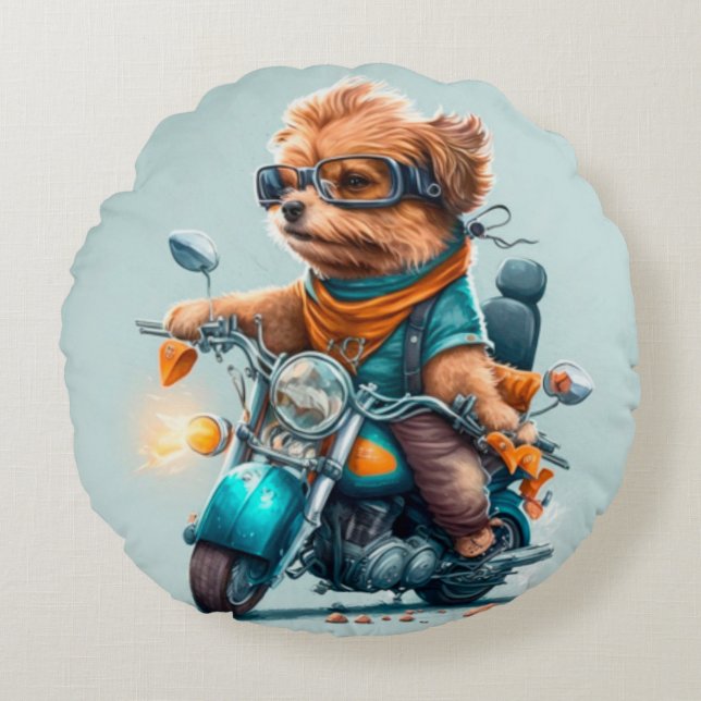 Cool dog bikers driving bikes cute round pillow (Front)