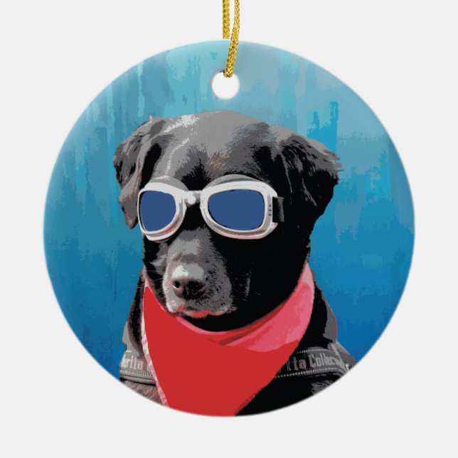 Cool Dog Black Lab Red Bandana Blue Goggles Ceramic Ornament (Front)