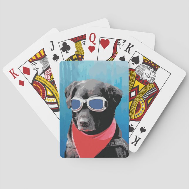 Cool Dog Black Lab Red Bandana Blue Goggles Playing Cards (Back)