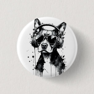 Cool Dog headphones Cute Pets Black and white ink 1 Inch Round Button