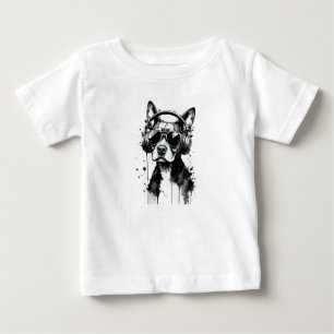 Cool Dog headphones Cute Pets Black and white ink Baby T-Shirt