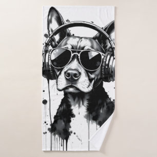 Cool Dog headphones Cute Pets Black and white ink Bath Towel