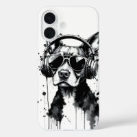 Cool Dog headphones Cute Pets Black and white ink