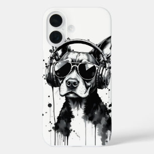 Cool Dog headphones Cute Pets Black and white ink iPhone 16 Case