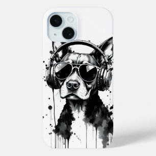 Cool Dog headphones Cute Pets Black and white ink iPhone 15 Case