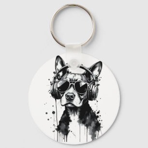 Cool Dog headphones Cute Pets Black and white ink Keychain