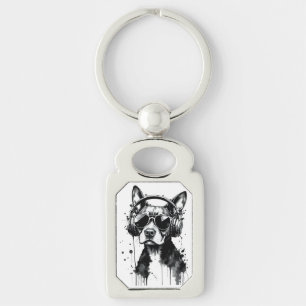 Cool Dog headphones Cute Pets Black and white ink Keychain