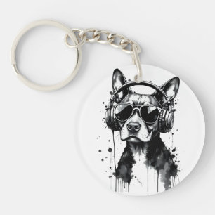 Cool Dog headphones Cute Pets Black and white ink Keychain