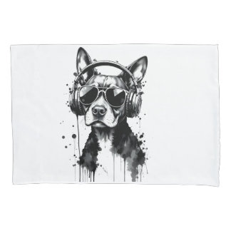 Cool Dog headphones Cute Pets Black and white ink Pillowcase