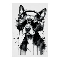 Cool Dog headphones Cute Pets Black and white ink