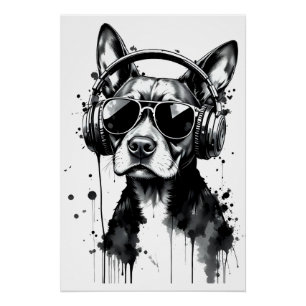 Cool Dog headphones Cute Pets Black and white ink Poster