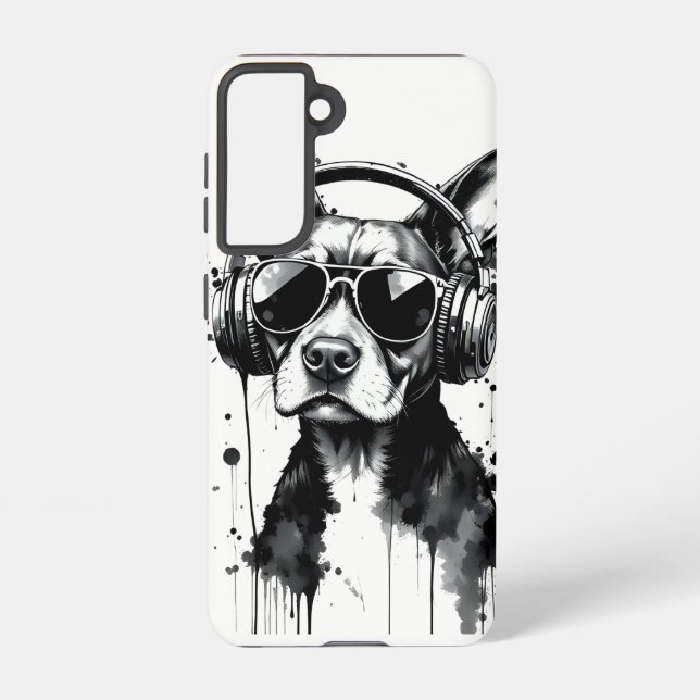 Cool Dog headphones Cute Pets Black and white ink Samsung Galaxy S21 Case (Back)