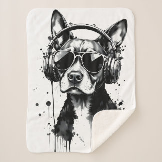 Cool Dog headphones Cute Pets Black and white ink Sherpa Blanket