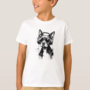 Cool Dog headphones Cute Pets Black and white ink T-Shirt