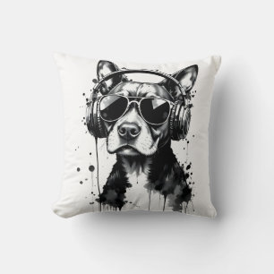 Cool Dog headphones Cute Pets Black and white ink Throw Pillow