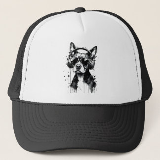 Cool Dog headphones Cute Pets Black and white ink Trucker Hat