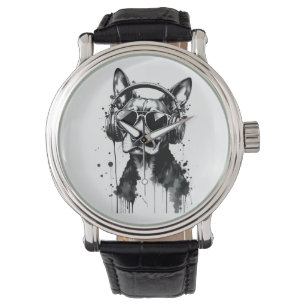 Cool Dog headphones Cute Pets Black and white ink Watch