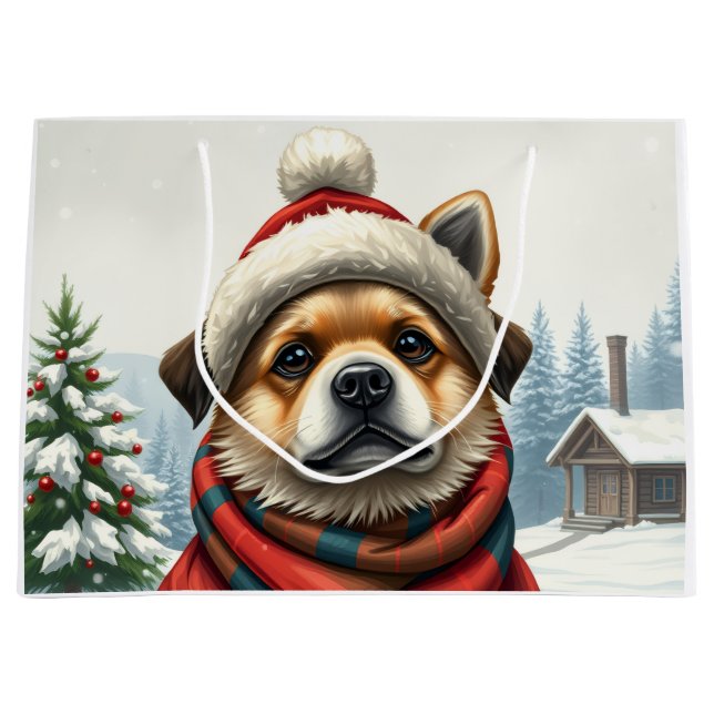 Cool Dog in Preppy Winter Attire and Hat Winter Large Gift Bag (Front)