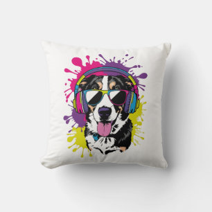 Cool Dog with Headphones Pop Art Design Throw Pillow