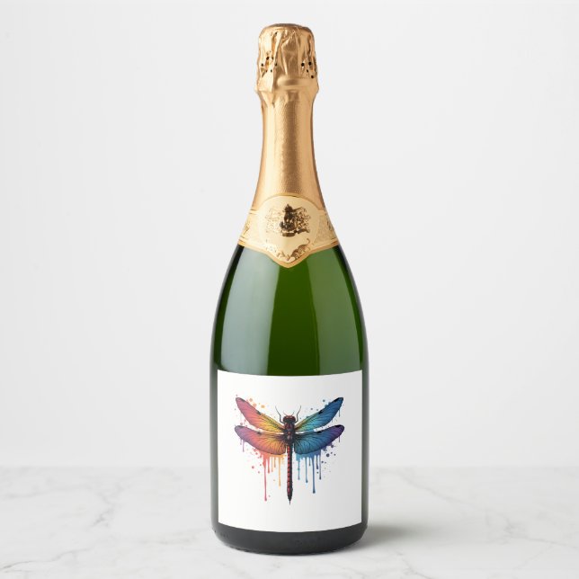 Cool Dragonfly on colourful painted Dragonfly Sparkling Wine Label (Front)
