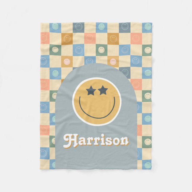 Cool Dude Boys Retro Chequered 70s Face Fleece Blanket (Front)