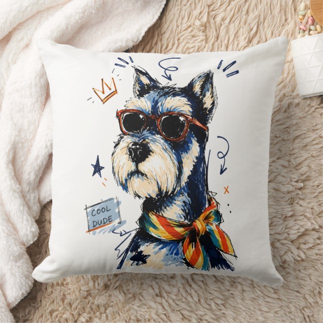 Cool Dude Schnauzer Dog with Sunglasses Throw Pillow (Blanket)
