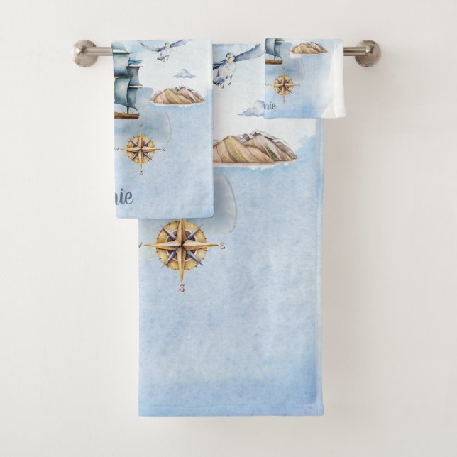 Cool Dude Ship in the Ocean Customizable  Bath Towel Set (Insitu)