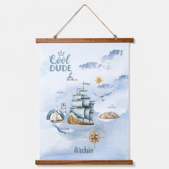 Cool Dude Ship in the Ocean Customizable  Hanging Tapestry (Front)
