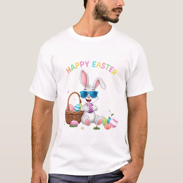 Cool Easter Bunny Dabbing with Colourful Eggs T-Shirt (Front)
