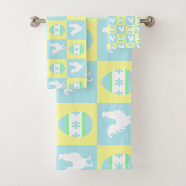 Cool Easter Chequerboard Pattern Rooster Eggs Bath Towel Set (Insitu)