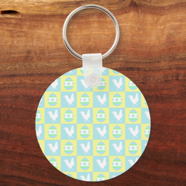 Cool Easter Chequerboard Pattern Rooster Eggs Keychain (Back)