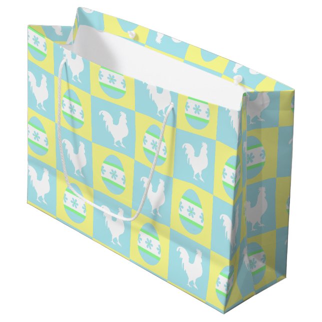 Cool Easter Chequerboard Pattern Rooster Eggs Large Gift Bag (Front Angled)