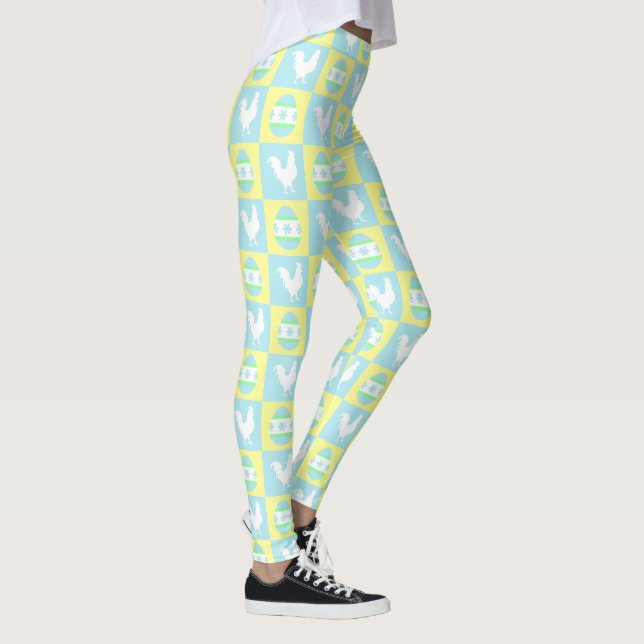 Cool Easter Chequerboard Pattern Rooster Eggs Leggings (Right)