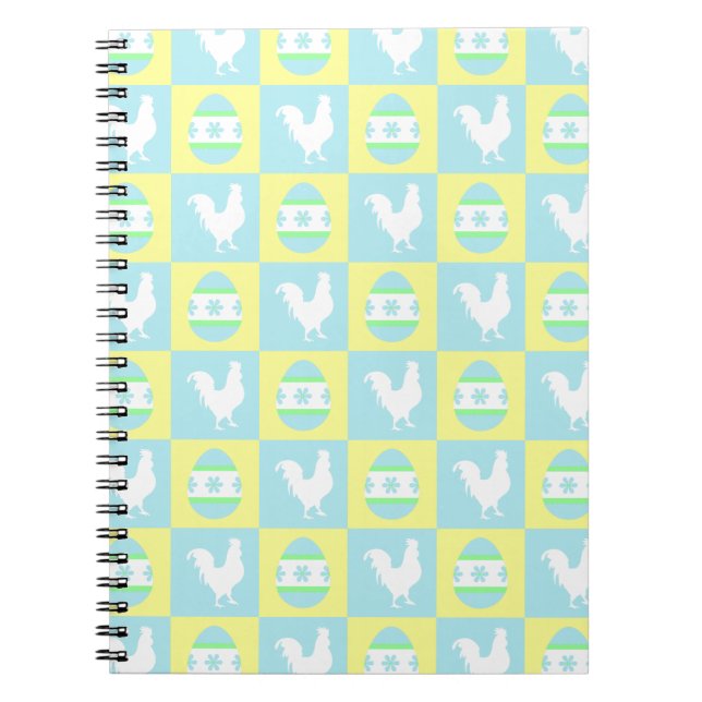 Cool Easter Chequerboard Pattern Rooster Eggs Notebook (Front)