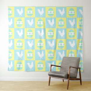 Cool Easter Chequerboard Pattern Rooster Eggs Tapestry