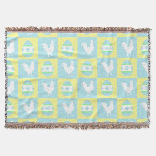 Cool Easter Chequerboard Pattern Rooster Eggs Throw Blanket (Front)