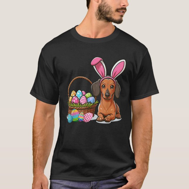Cool Easter Dachshund Easter Basket Bunny Ears Hap T-Shirt (Front)