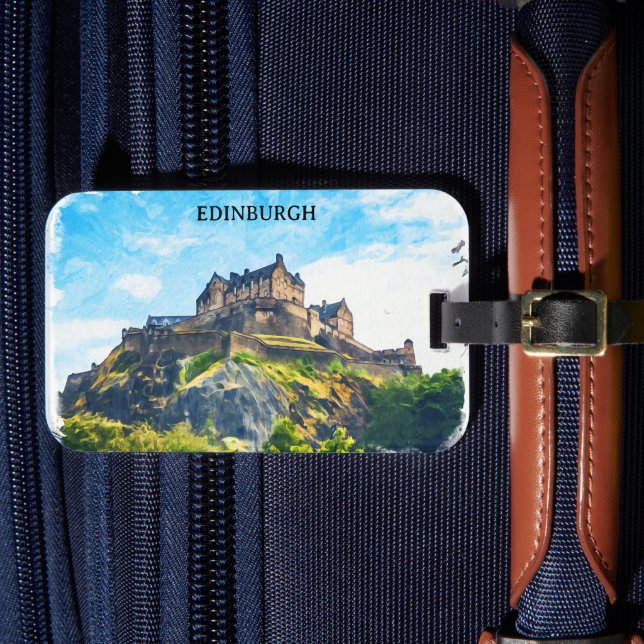 Cool Edinburgh Scotland Castle Painting Luggage Tag (Front Insitu 4)