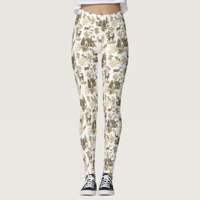 Cool Elegant Beige Deer French Toile  Leggings (Front)