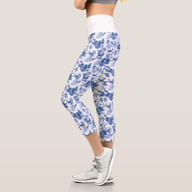Cool Elegant Blue Deer French Toile Capri Leggings (Left)