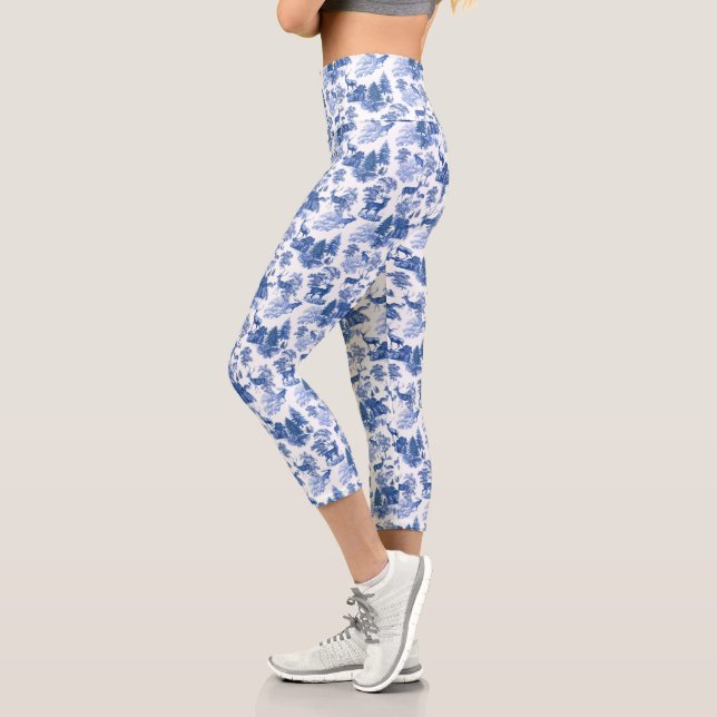Cool Elegant Blue Deer French Toile Capri Leggings (Left)