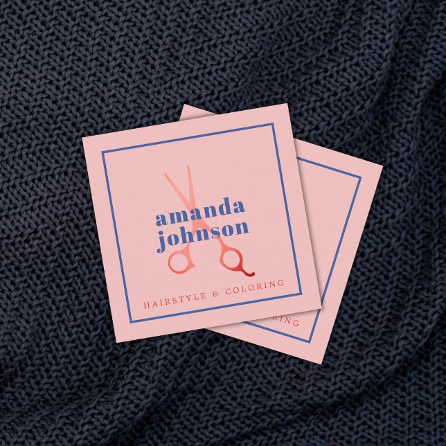 Cool Elegant Blue Rose Scissors Hair Stylist Square Business Card (Creator Uploaded)