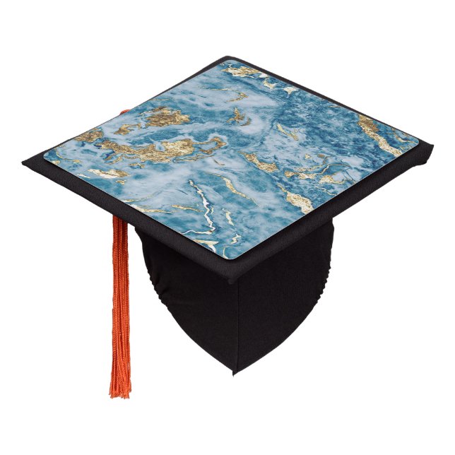 Cool Elegant Marble Stone Gold Blue Graduation Cap Topper (Angled)