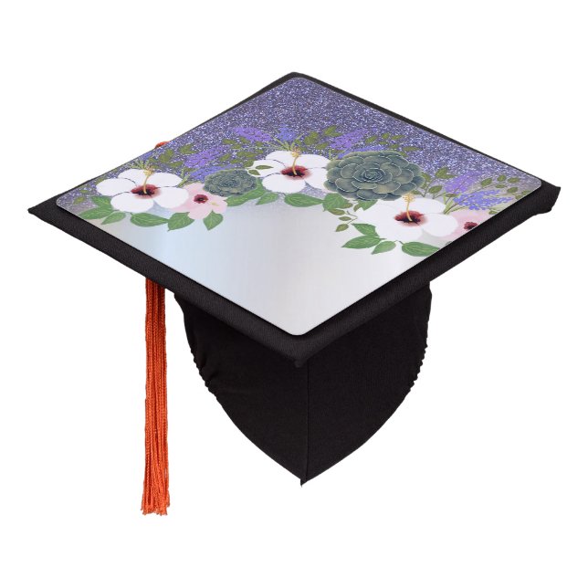 Cool Elegant Violet Glitter , Floral Graduate Graduation Cap Topper (Angled)