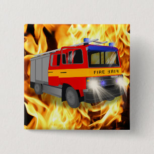 Cool Emergency Fire Engine Cartoon Design for Kids 2 Inch Square Button
