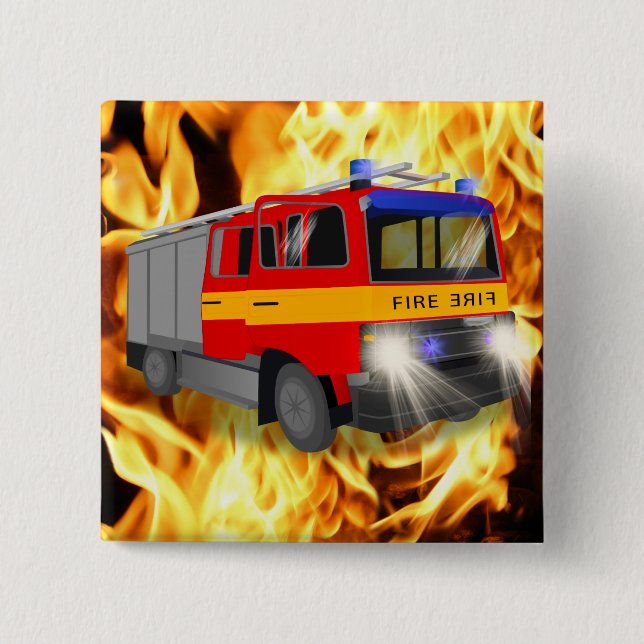 Cool Emergency Fire Engine Cartoon Design for Kids 2 Inch Square Button (Front)