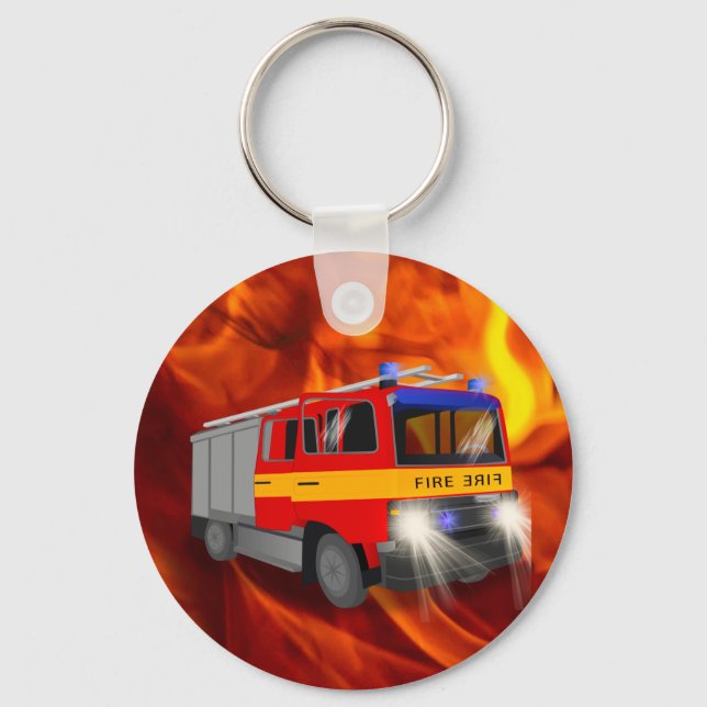 Cool Emergency Fire Engine Cartoon Design for Kids Keychain (Front)